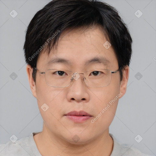 Neutral asian young-adult male with short  brown hair and brown eyes