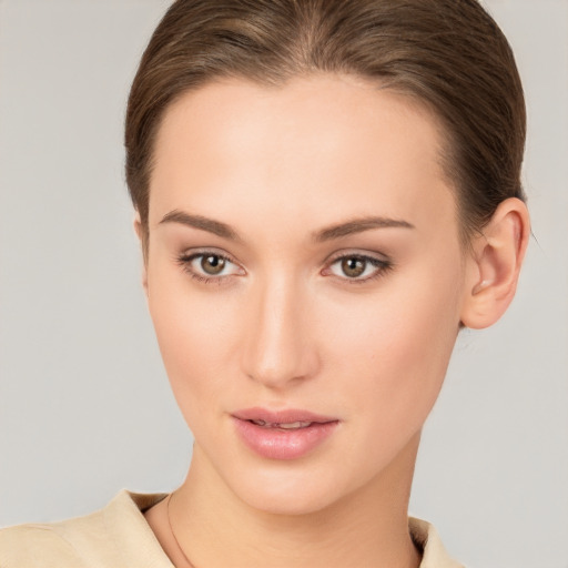 Neutral white young-adult female with short  brown hair and brown eyes