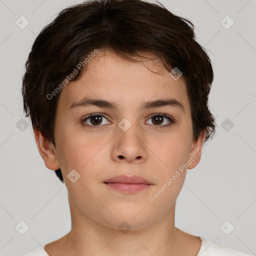 Neutral white young-adult female with short  brown hair and brown eyes