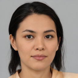 Joyful asian young-adult female with medium  brown hair and brown eyes