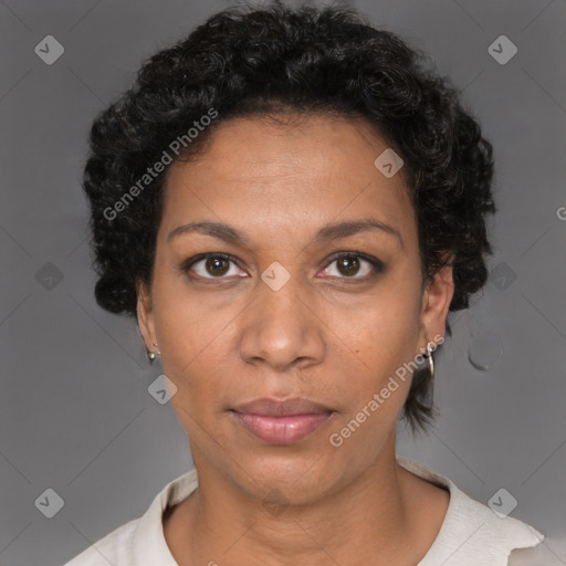 Neutral latino adult female with short  brown hair and brown eyes