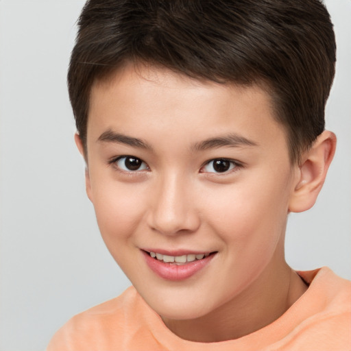 Joyful white child male with short  brown hair and brown eyes