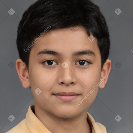 Joyful white child male with short  brown hair and brown eyes