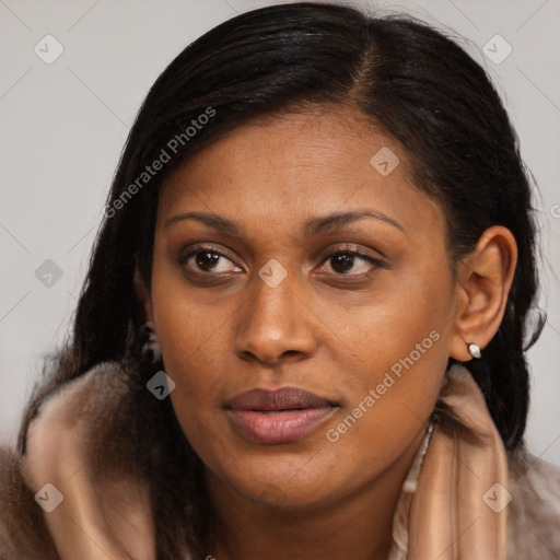 Joyful black young-adult female with long  brown hair and brown eyes