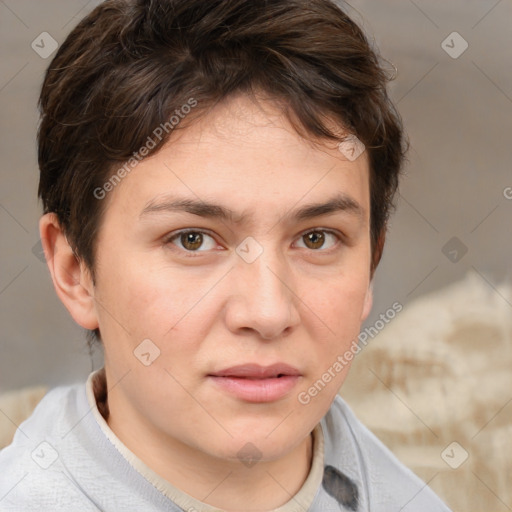 Neutral white young-adult female with short  brown hair and brown eyes