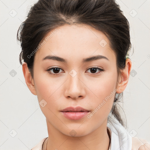 Neutral white young-adult female with medium  brown hair and brown eyes