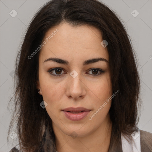 Neutral latino young-adult female with medium  brown hair and brown eyes