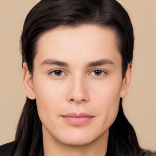 Neutral white young-adult male with long  brown hair and brown eyes