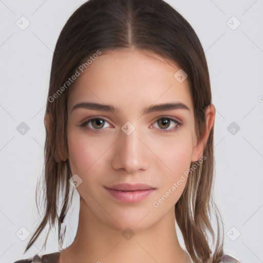 Neutral white young-adult female with medium  brown hair and brown eyes