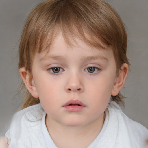 Neutral white child female with medium  brown hair and blue eyes