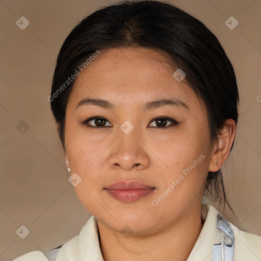 Joyful asian young-adult female with medium  brown hair and brown eyes