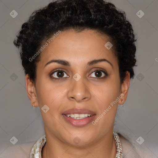 Joyful latino young-adult female with short  brown hair and brown eyes