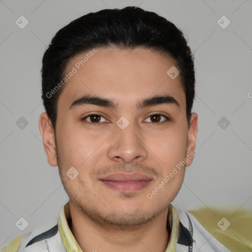 Joyful white young-adult male with short  brown hair and brown eyes