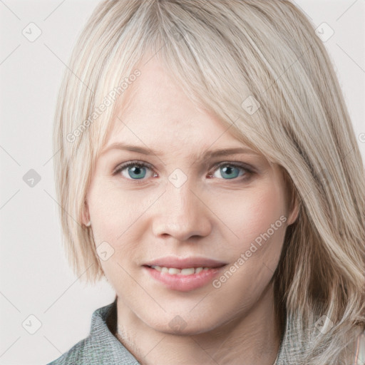 Joyful white young-adult female with medium  brown hair and blue eyes