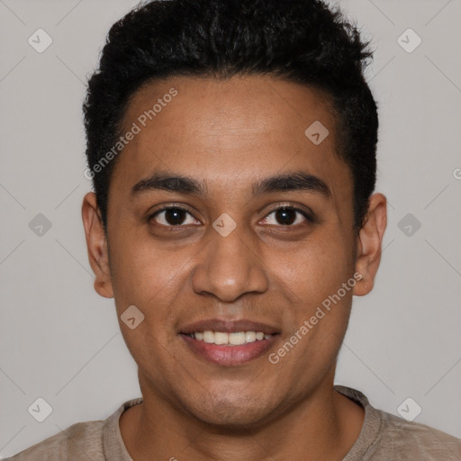 Joyful latino young-adult male with short  black hair and brown eyes