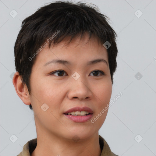 Joyful asian young-adult female with short  brown hair and brown eyes