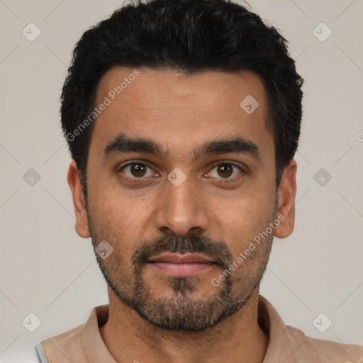 Neutral latino young-adult male with short  black hair and brown eyes