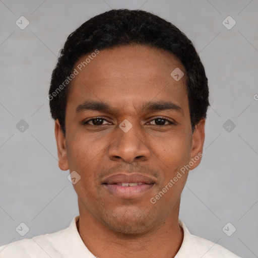 Neutral latino young-adult male with short  black hair and brown eyes