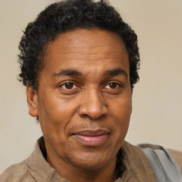 Joyful black adult male with short  brown hair and brown eyes