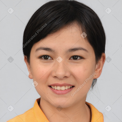 Joyful asian young-adult female with medium  black hair and brown eyes