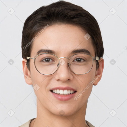 Joyful white young-adult female with short  brown hair and grey eyes