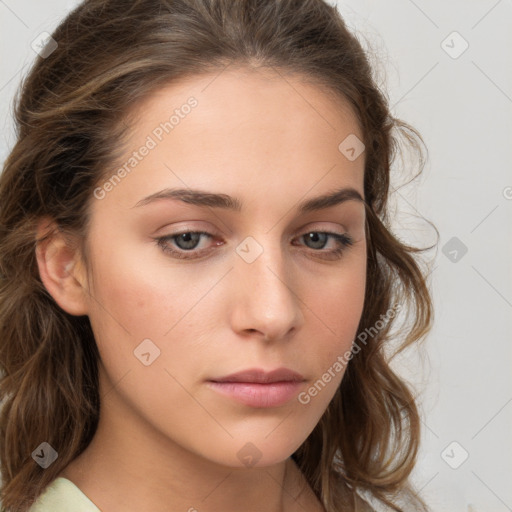 Neutral white young-adult female with medium  brown hair and brown eyes