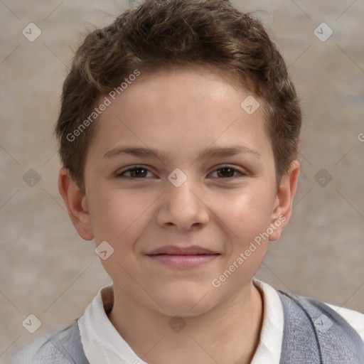 Joyful white child male with short  brown hair and brown eyes