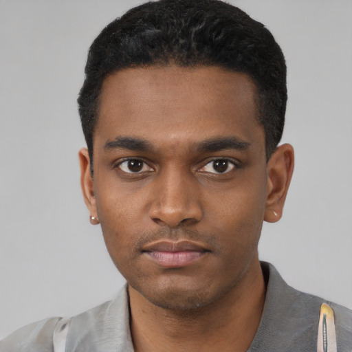 Neutral black young-adult male with short  black hair and brown eyes
