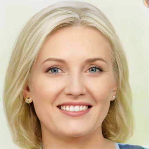 Joyful white young-adult female with long  blond hair and blue eyes