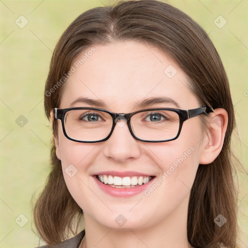 Joyful white young-adult female with medium  brown hair and green eyes