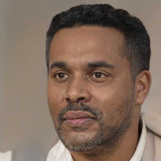 Neutral black adult male with short  black hair and brown eyes