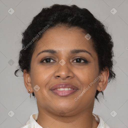 Joyful latino young-adult female with short  brown hair and brown eyes