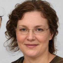 Joyful white adult female with medium  brown hair and blue eyes