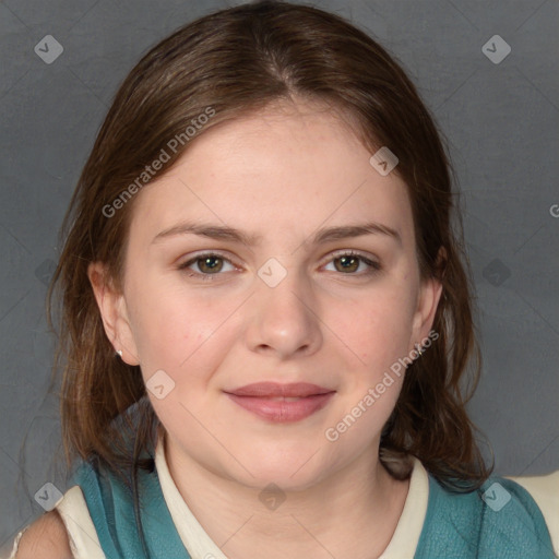 Joyful white young-adult female with medium  brown hair and blue eyes