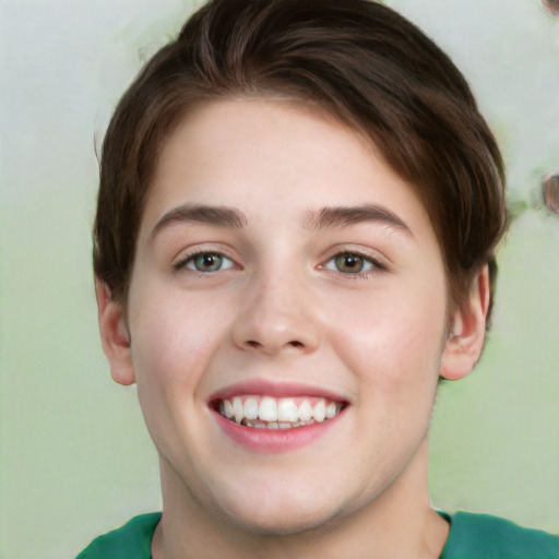 Joyful white young-adult female with short  brown hair and green eyes