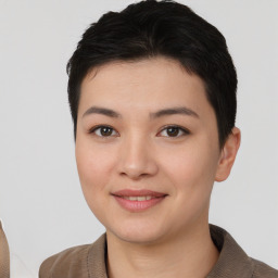 Joyful asian young-adult female with short  brown hair and brown eyes