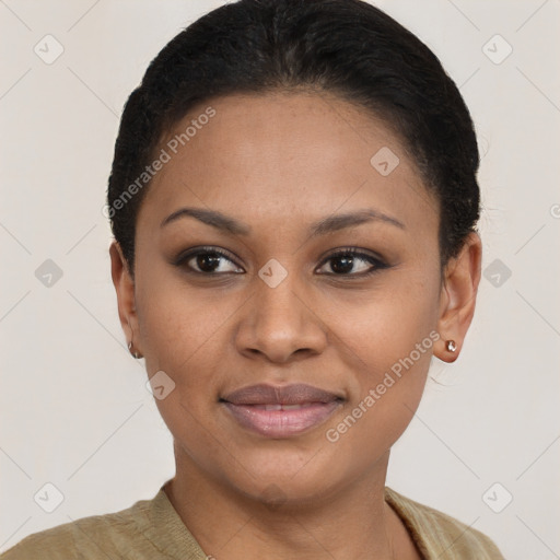 Joyful latino young-adult female with short  brown hair and brown eyes