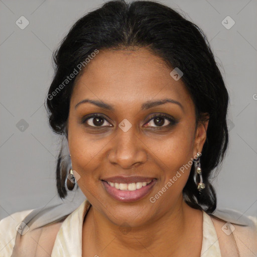 Joyful black young-adult female with medium  brown hair and brown eyes