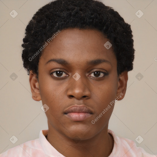 Neutral black young-adult female with short  black hair and brown eyes