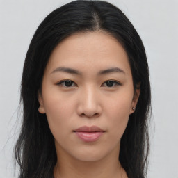 Neutral asian young-adult female with long  brown hair and brown eyes