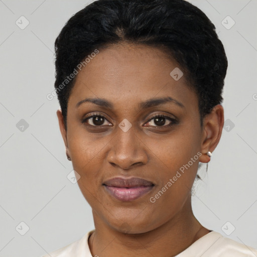 Joyful latino young-adult female with short  black hair and brown eyes