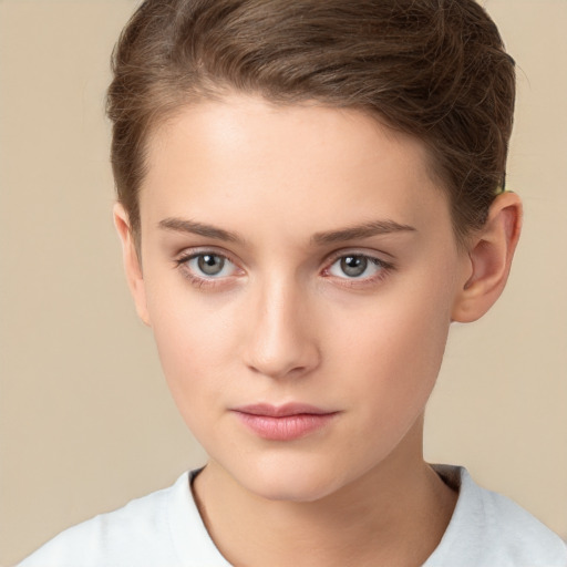 Neutral white young-adult female with short  brown hair and brown eyes