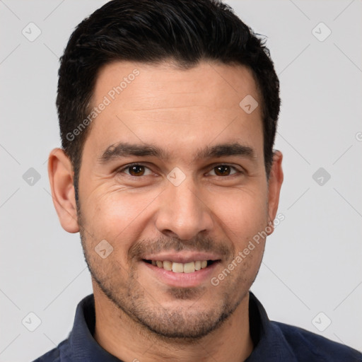 Joyful white young-adult male with short  brown hair and brown eyes