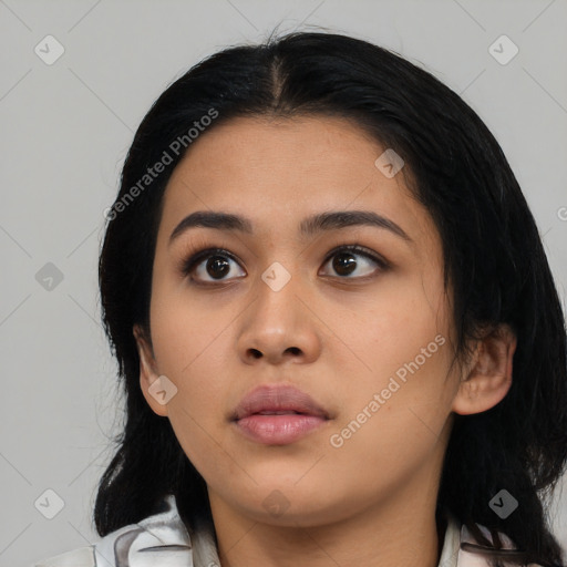 Neutral asian young-adult female with medium  black hair and brown eyes