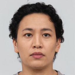 Neutral asian young-adult female with short  brown hair and brown eyes