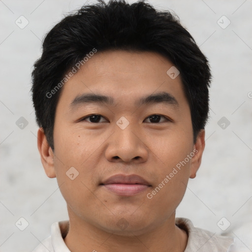 Neutral asian young-adult male with short  black hair and brown eyes