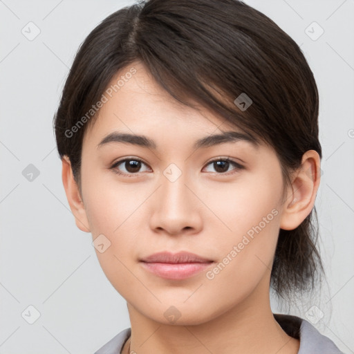 Neutral white young-adult female with medium  brown hair and brown eyes