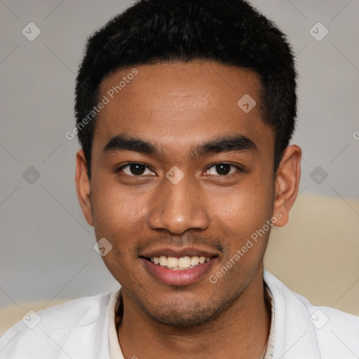 Joyful latino young-adult male with short  black hair and brown eyes