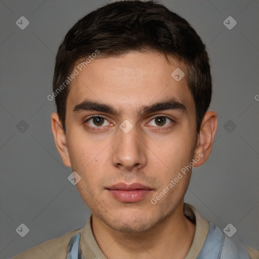 Neutral white young-adult male with short  brown hair and brown eyes