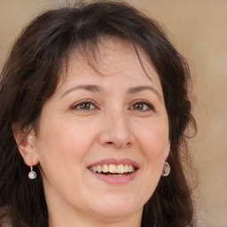 Joyful white adult female with long  brown hair and brown eyes